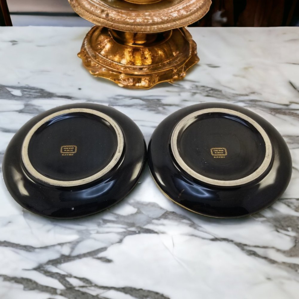 Black & Gold Miniature  Plates Greek Key by Portmeirion 2-Pcs Set 1960s - Picture 3 of 9